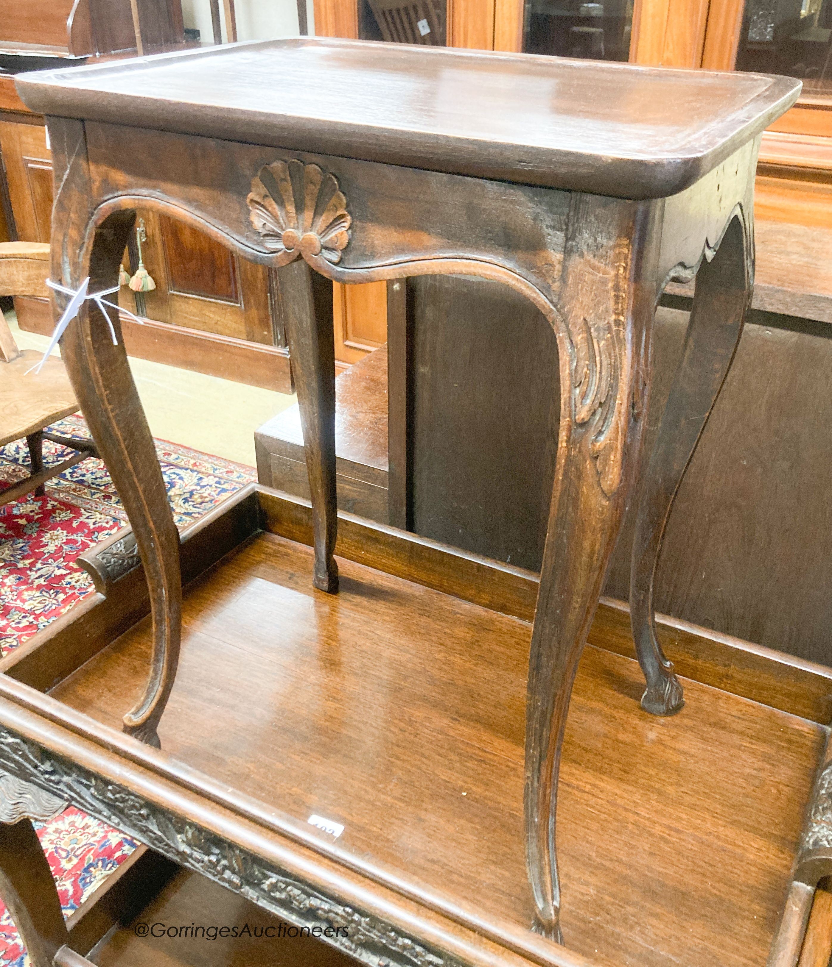 A French oak cabriole leg table, width 45cm, depth 32cm, height 59cm